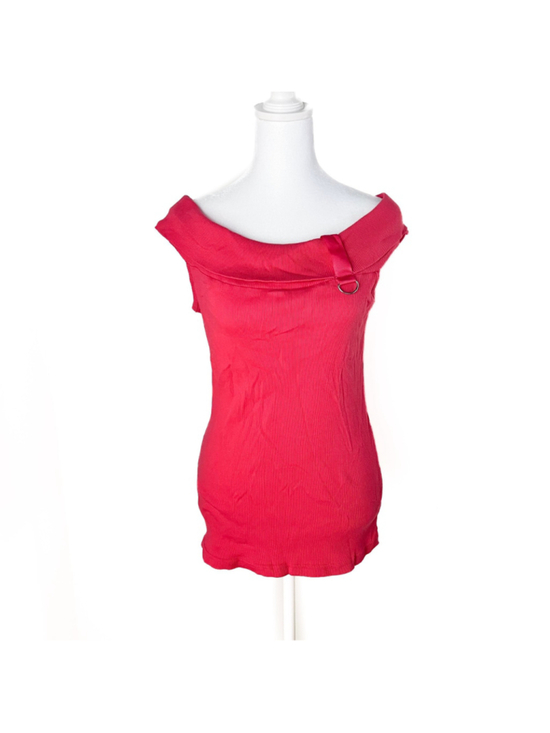 Players Sport Tops - Y2K Pink Off Shoulder Ribbed Knit Top L/XL Barbiecore Coquette Cotton D Ring